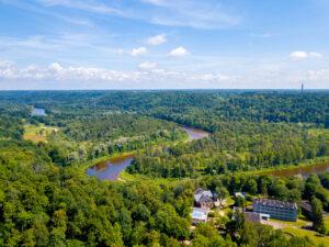 Aerial shot of gauja river in sigulda, latvia