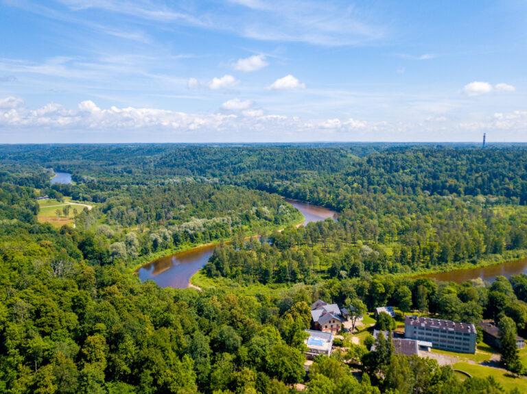 Aerial shot of gauja river in sigulda, latvia